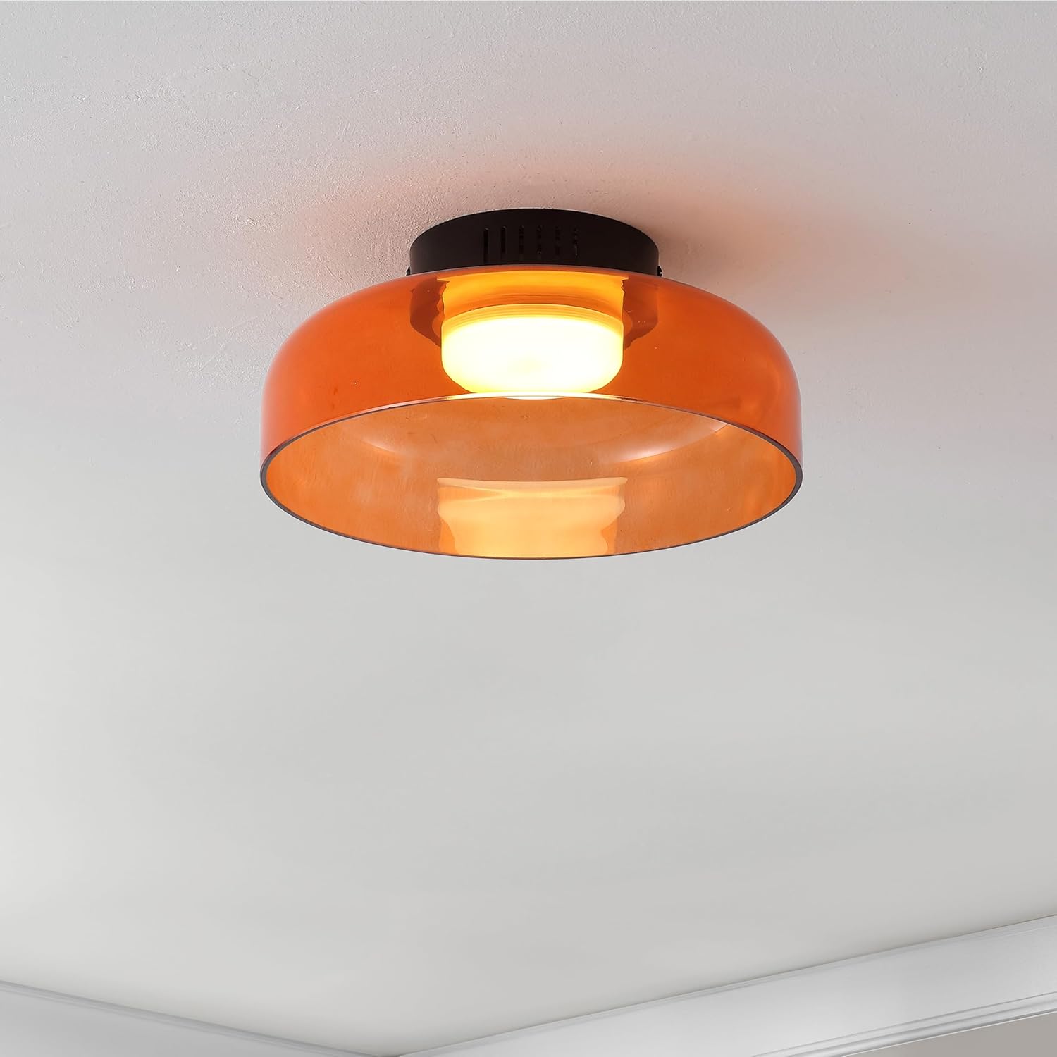 JONATHAN Y 12" Orange/Black Modern Integrated LED Flush Mount Ceiling Light, Dimmable Low Profile Fixture with Orange Glass Shade for Hallway, Bedroom, Kitchen, and Office JYL7153A