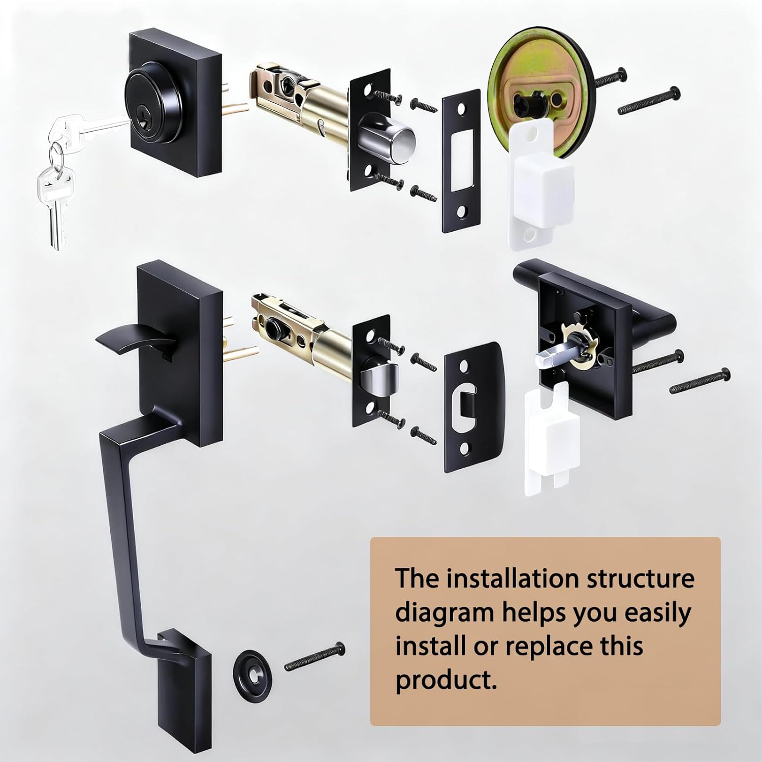 Front Door Lock Set with Deadbolt and Lever Door Handle for Entrance and Exterior Door, Black Front Door Handle and Deadbolt Set Reversible for Right and Left Handed
