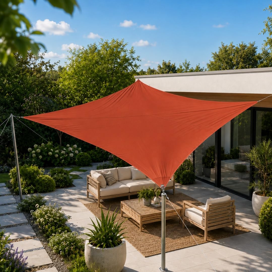 Toldo vela rectangular Highdi de tela impermeable 3x3 m en color rojo óxido con ojales