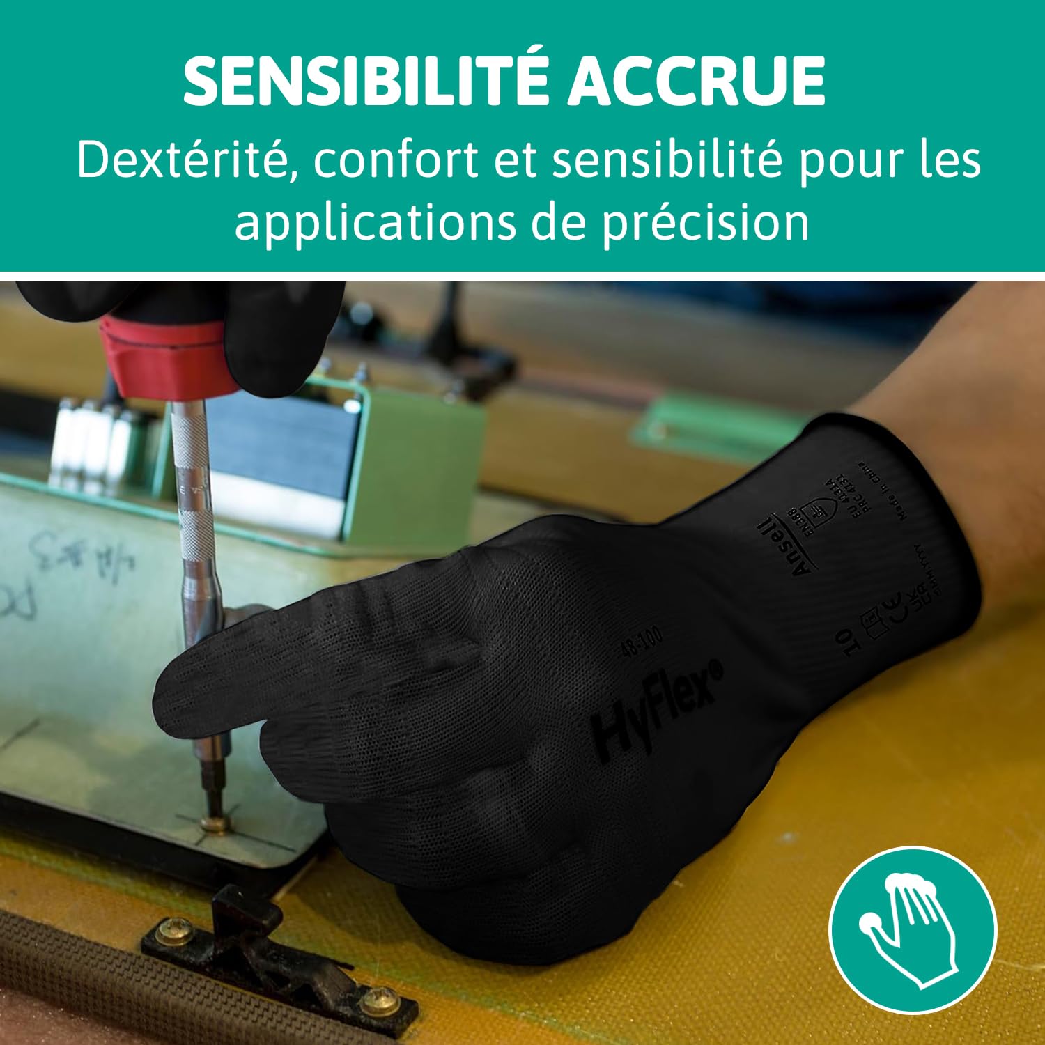 Ansell HyFlex 48-101 Gants de Travail Ultrafins, Nylon Extensible avec Enduction Polyuréthane, Protection Multiusage Haute Précision, Bricolage et Mécanique, Noir, Taille L (12 Paires)