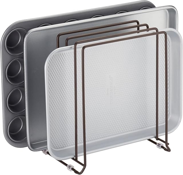 mDesign Pot Lid and Pan Rack  Metal Wire Rack for Cabinets, Pantries or Kitchen Surfaces  Freestanding Pan Stand with 5 Slots for Pans, Pots, Lids and Crockery  Bronze