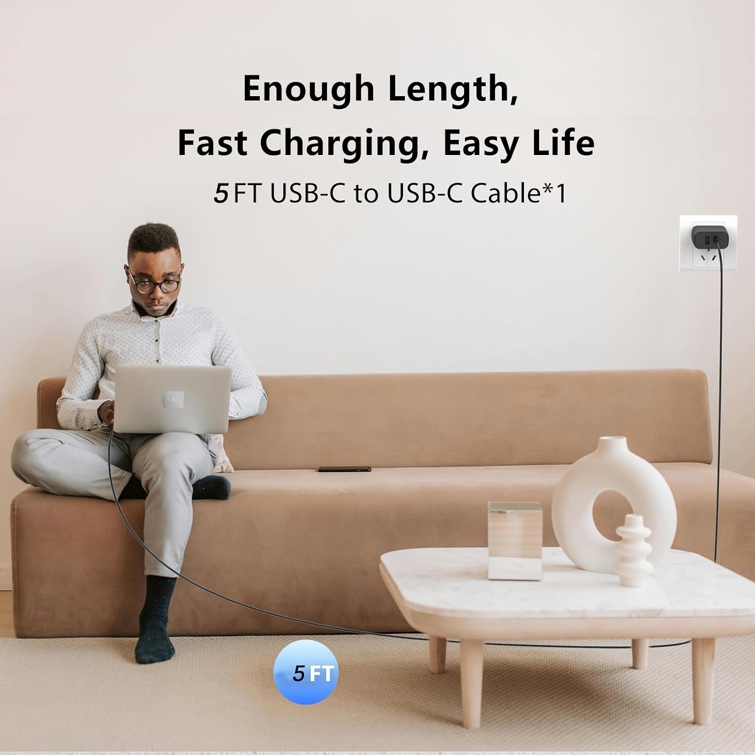 Qackenm 65W USB C Charger with 5FT USB C Cable, Type C Charger Fast Charging, 2-Port Wall Charging Block for MacBook Pro/Air, iPhone 17/16/115, iPad Pro/Air, Galaxy S24/S23, Pixel, Steam Deck (Black) image 4
