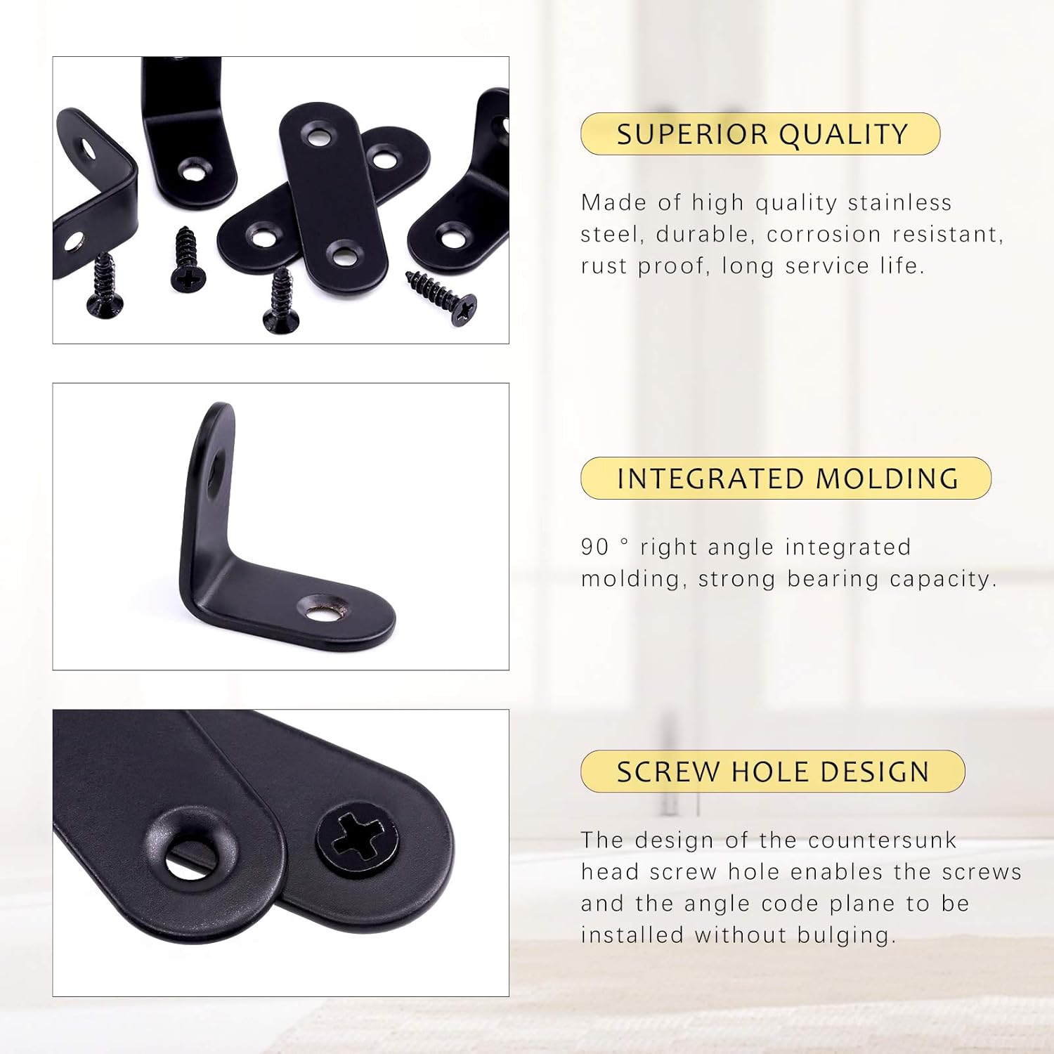 Swpeet 56Pcs Black Stainless Steel Corner Brace Kit, Metal L Corner Braces & Flat Straight Brace Brackets Shelf Support Brackets Joining Plate with Screws (25x25x2mm,50x2mm)