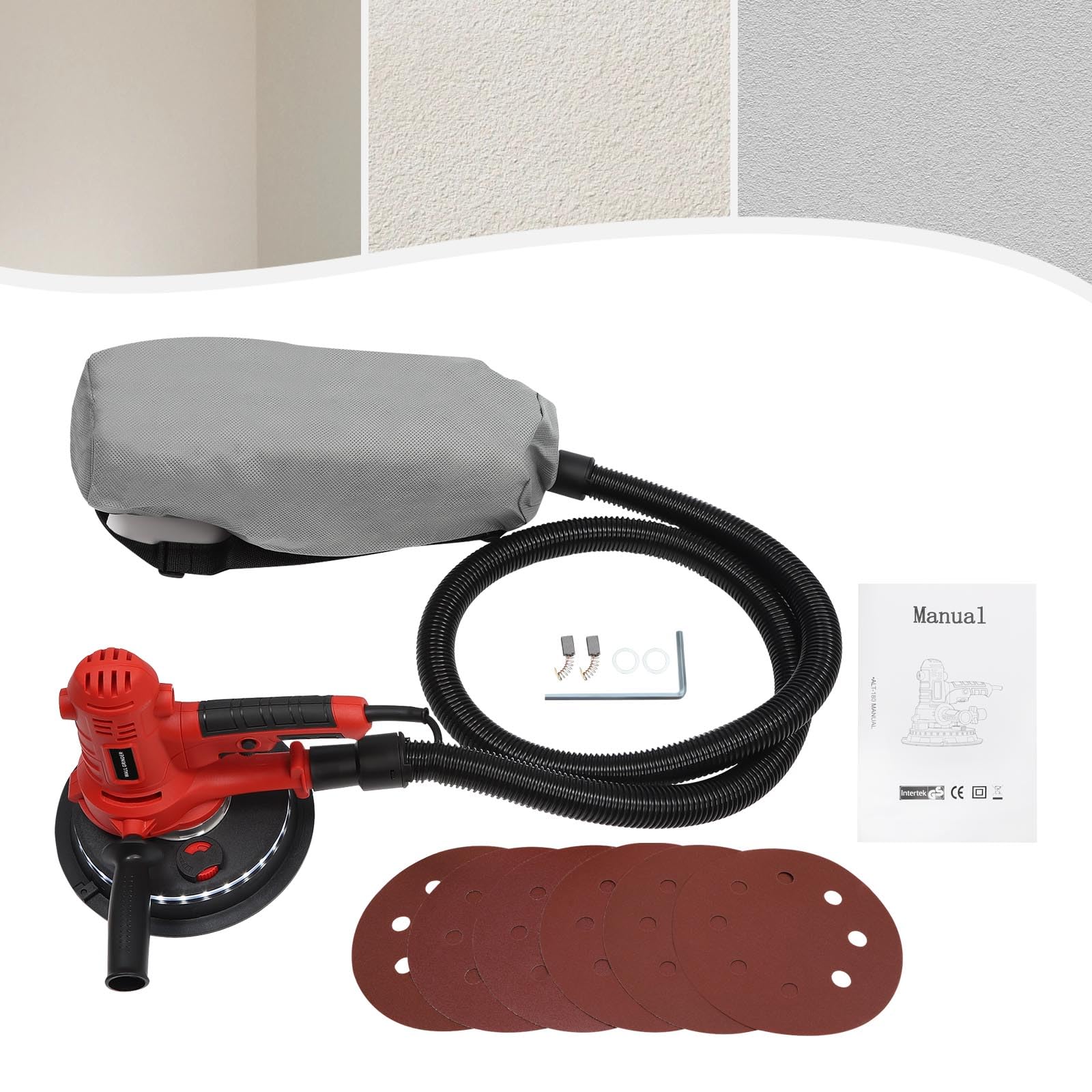 Lijadora de pared profesional de 1200 W con aspiración de polvo integrada de 180 mm, lijadora de techo ajustable con LED para paredes interiores y exteriores