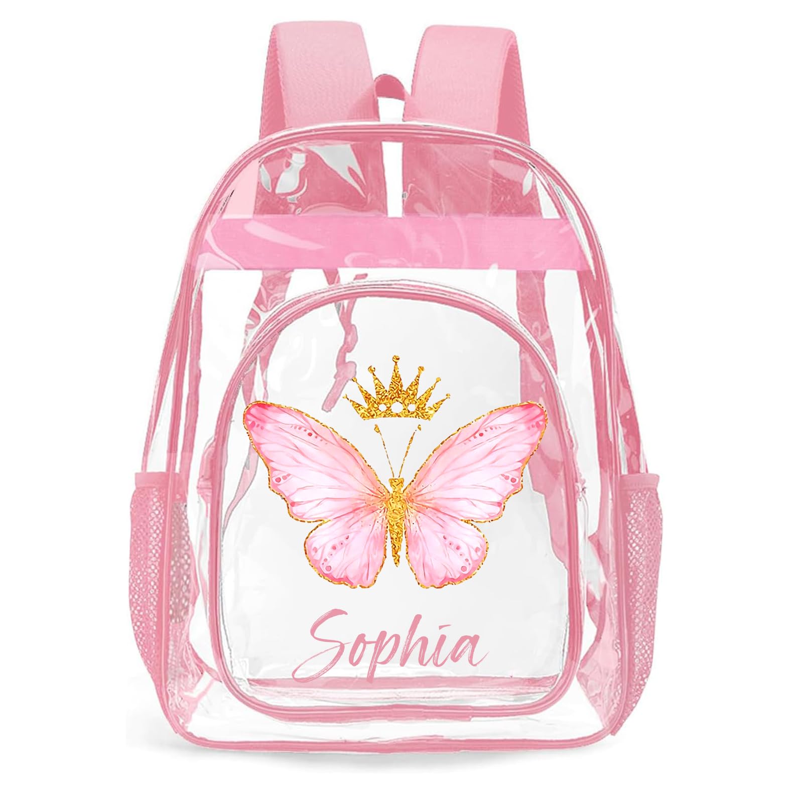 UJDUYSD Personalized Clear Backpacks with Name, Custom Butterfly Clear Backpack for Women Men, with Reinforced Strap & Large Capacity PVC Transparent