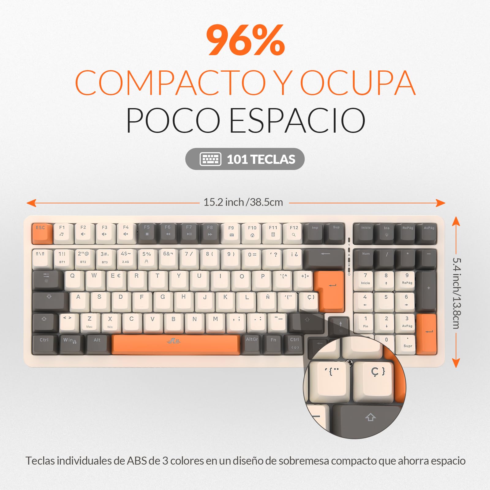 Rii RK909 Teclado 96% Gaming Mecánico, 3 Modos de Conectividad, Retroiluminación LED, Layout Español (Interruptores Azules)