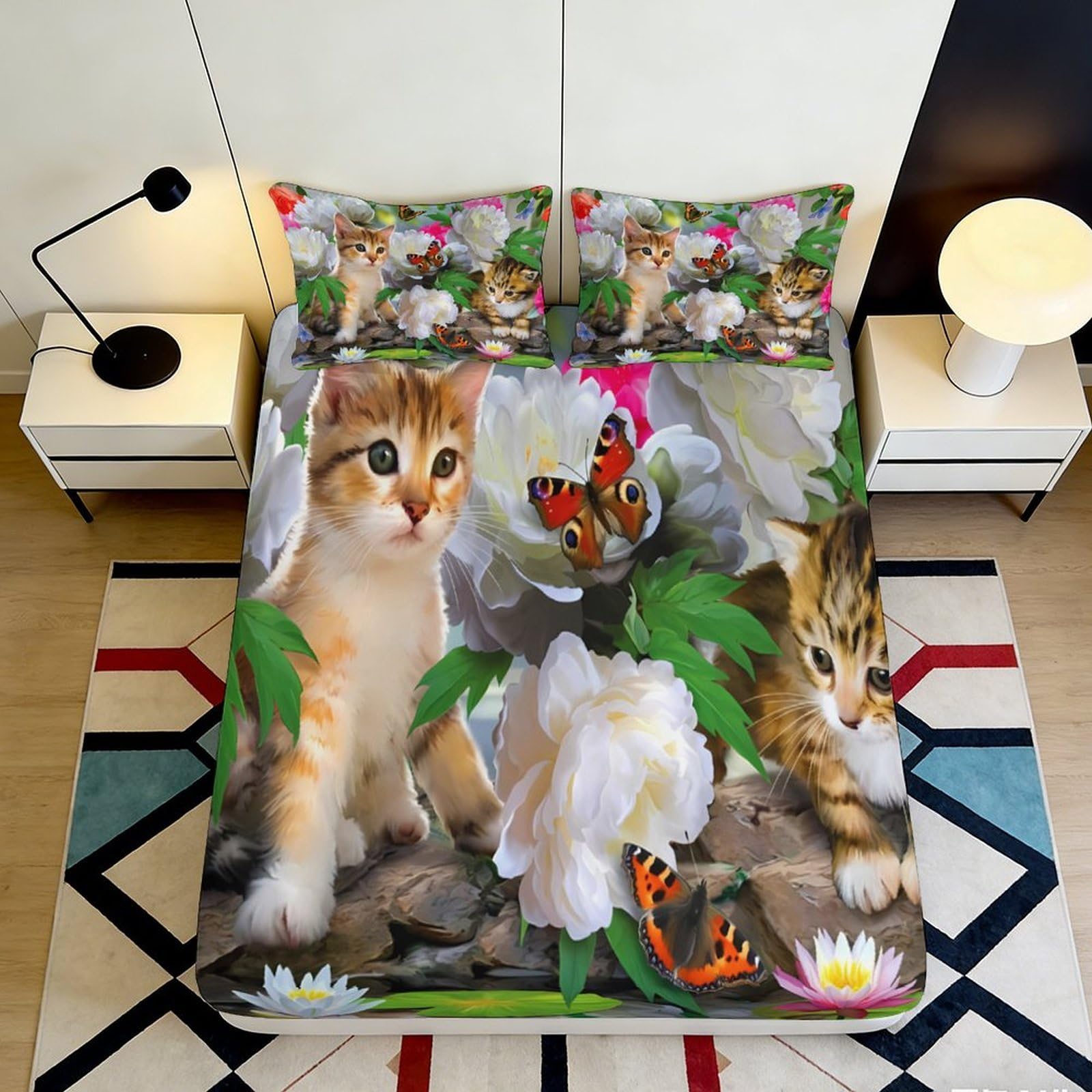 3D Printed Cute Kitten Fitted Sheet Microfiber Soft Breathable Butterfly Flower Mattress Cover for Bedroom Guest Room Decor 90x200x25cm