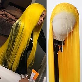 BTWTRY Yellow Synthetic Lace Front Wig Long Straight Lace Front Synthetic Wig Pre Plucked Natural Hairline Glueless Heat Resistant Fiber Hair Wig for Fashion Women (Yellow)