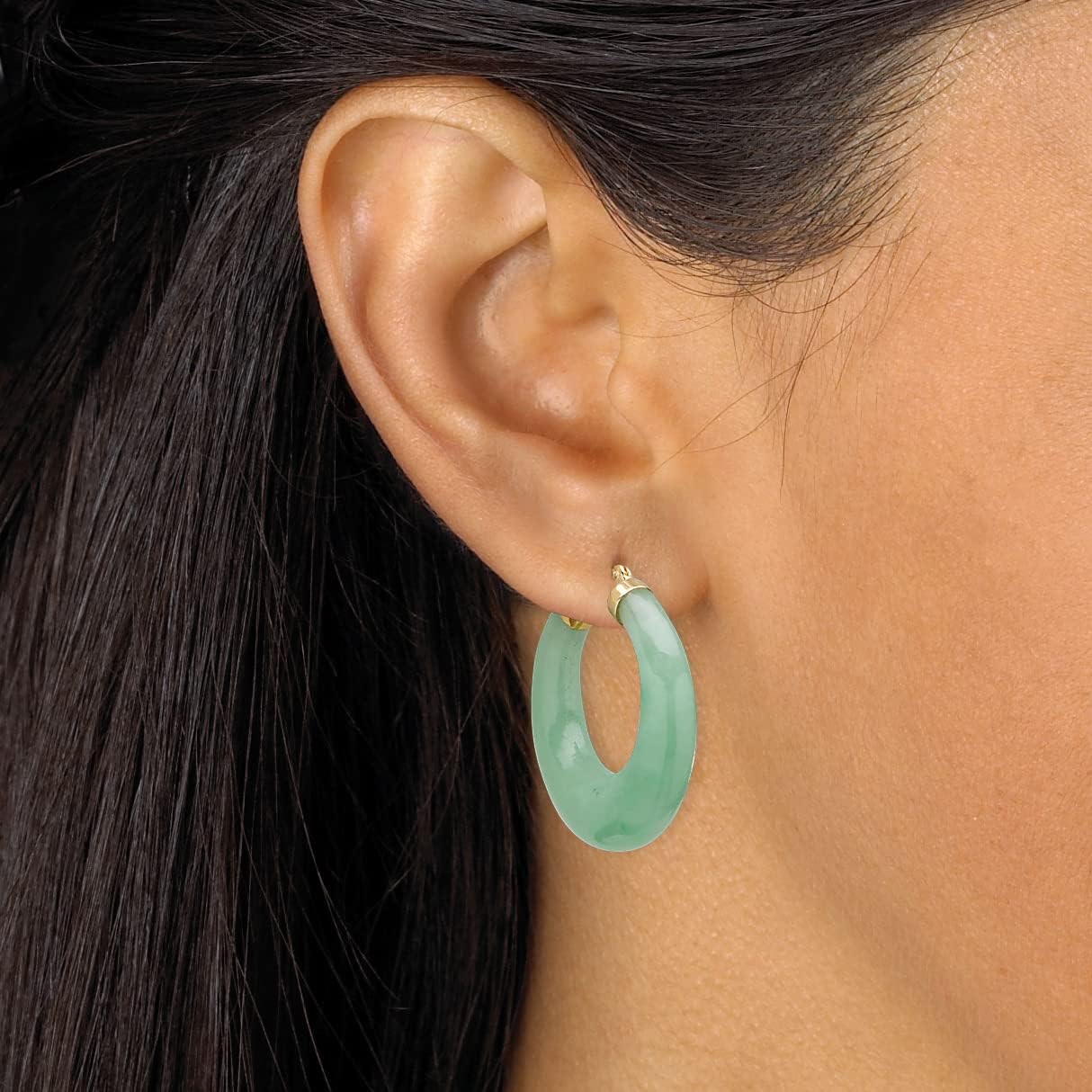 PalmBeach 14K Yellow Gold Round Genuine Green Jade Hoop Earrings (31mm)