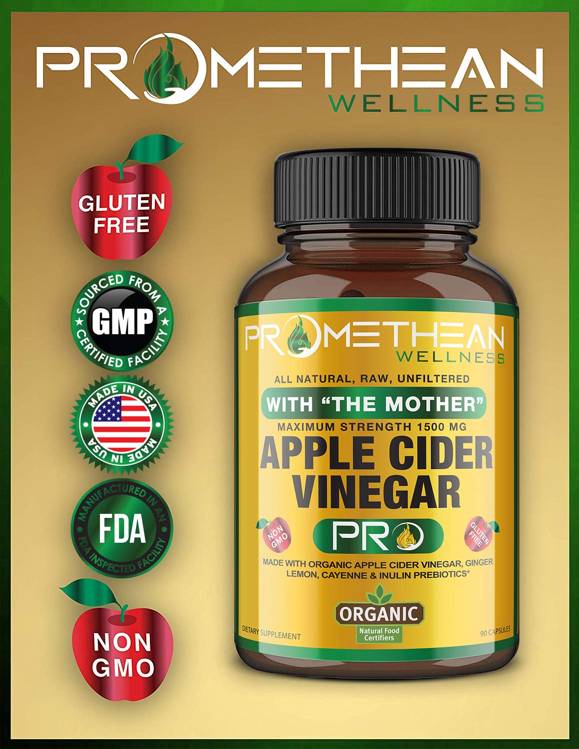Certified Organic Apple Cider Vinegar Capsules Pro with Mother Acv