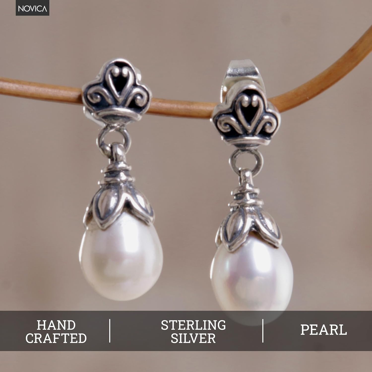 NOVICA Artisan Handmade Cultured Freshwater Pearl Dangle Earrings .925 Sterling Silver White Indonesia Birthstone 'White Lotus Bud'