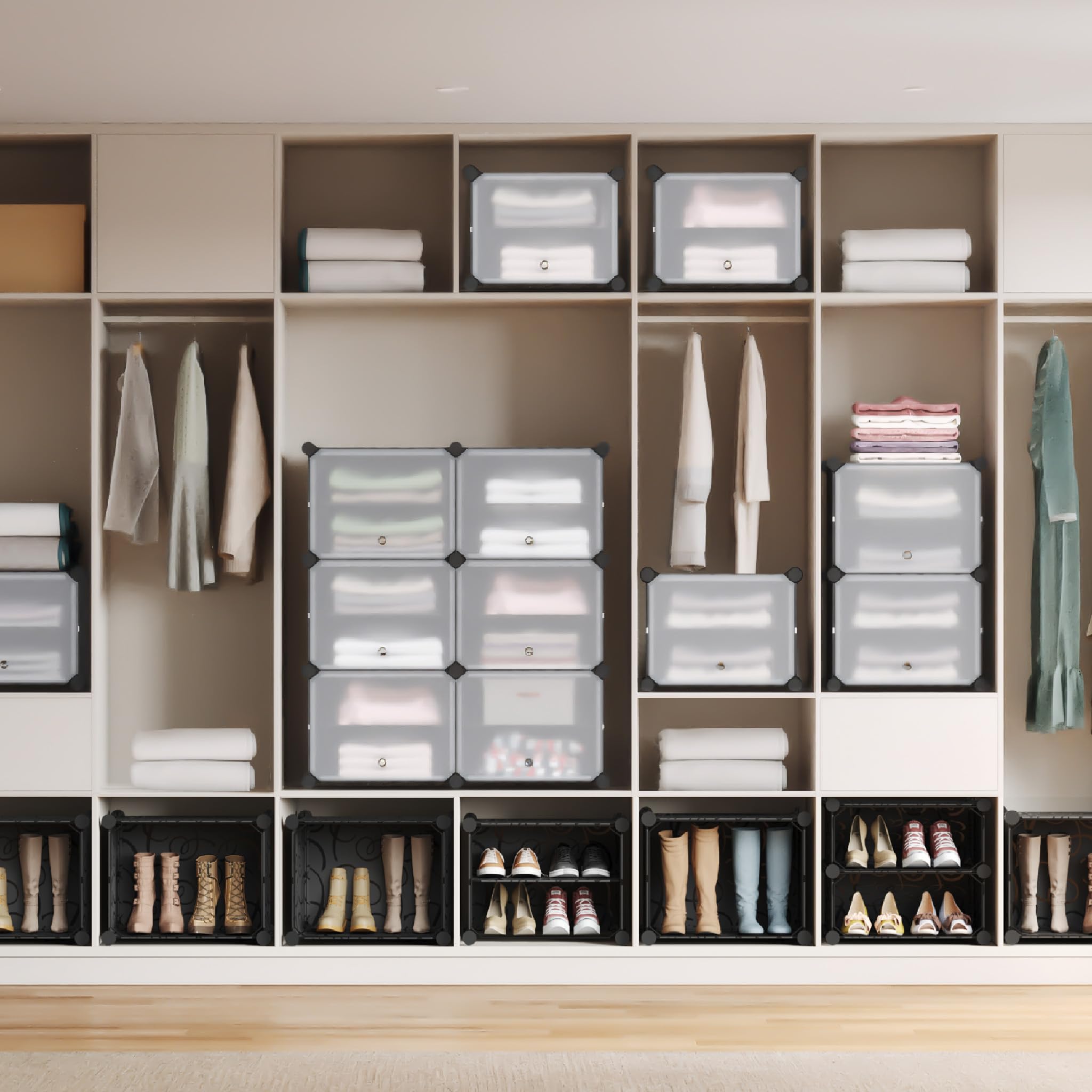 Mondeer Schuhregal,3x10 Stufiger Kunststoff Schuhschrank, 60 Paar Schuhe | Modulares Schuhaufbewahrung mit Tür,Anpassbar,Freie Kombination,Staub und Wasserabweisend,Flur Schlafzimmer Eingang,Schwarz