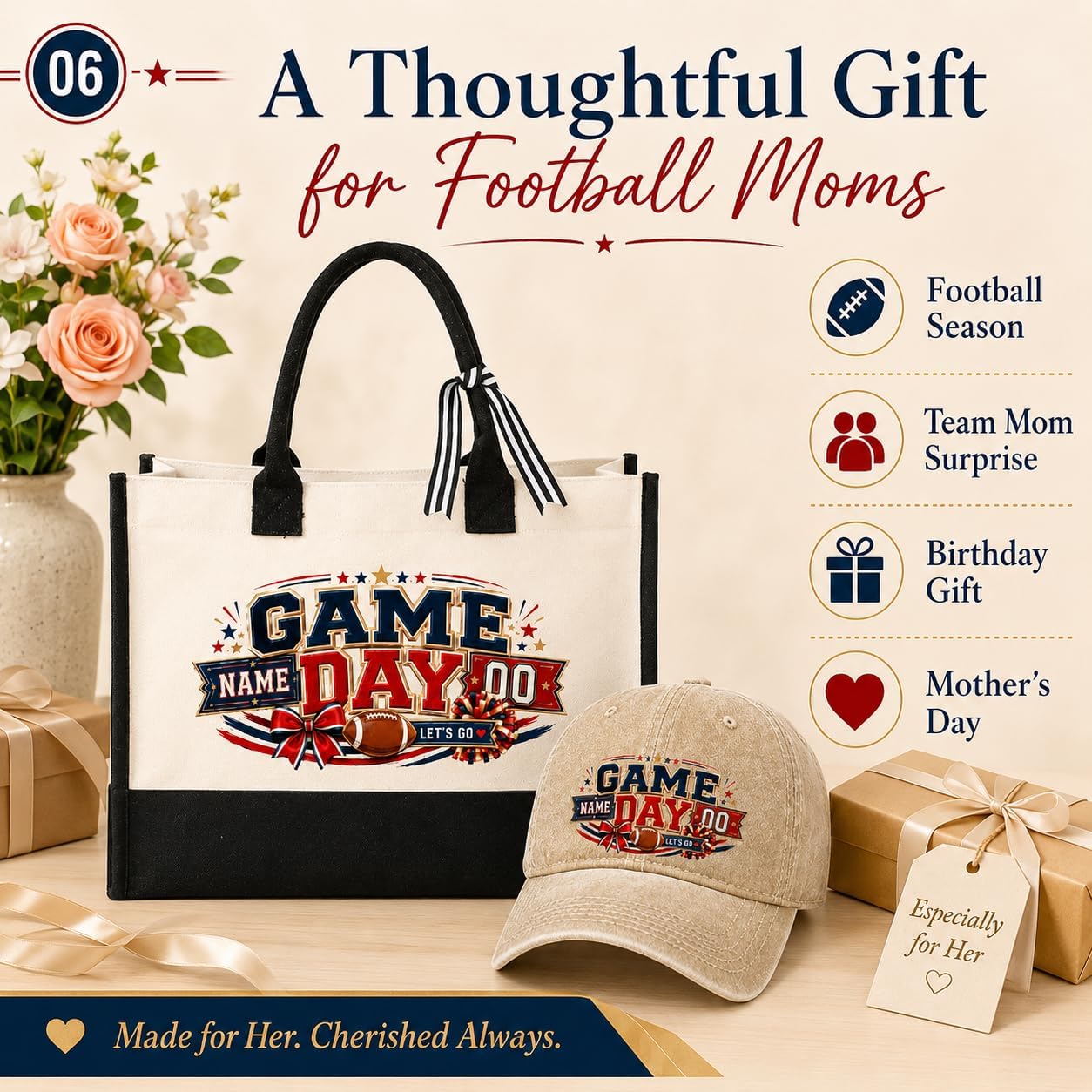 Custom Game Day Tote and Hat Set with Name Number | Includes a tote bag and washed cap, personalized with player name and number for sports moms, football games and team gifts