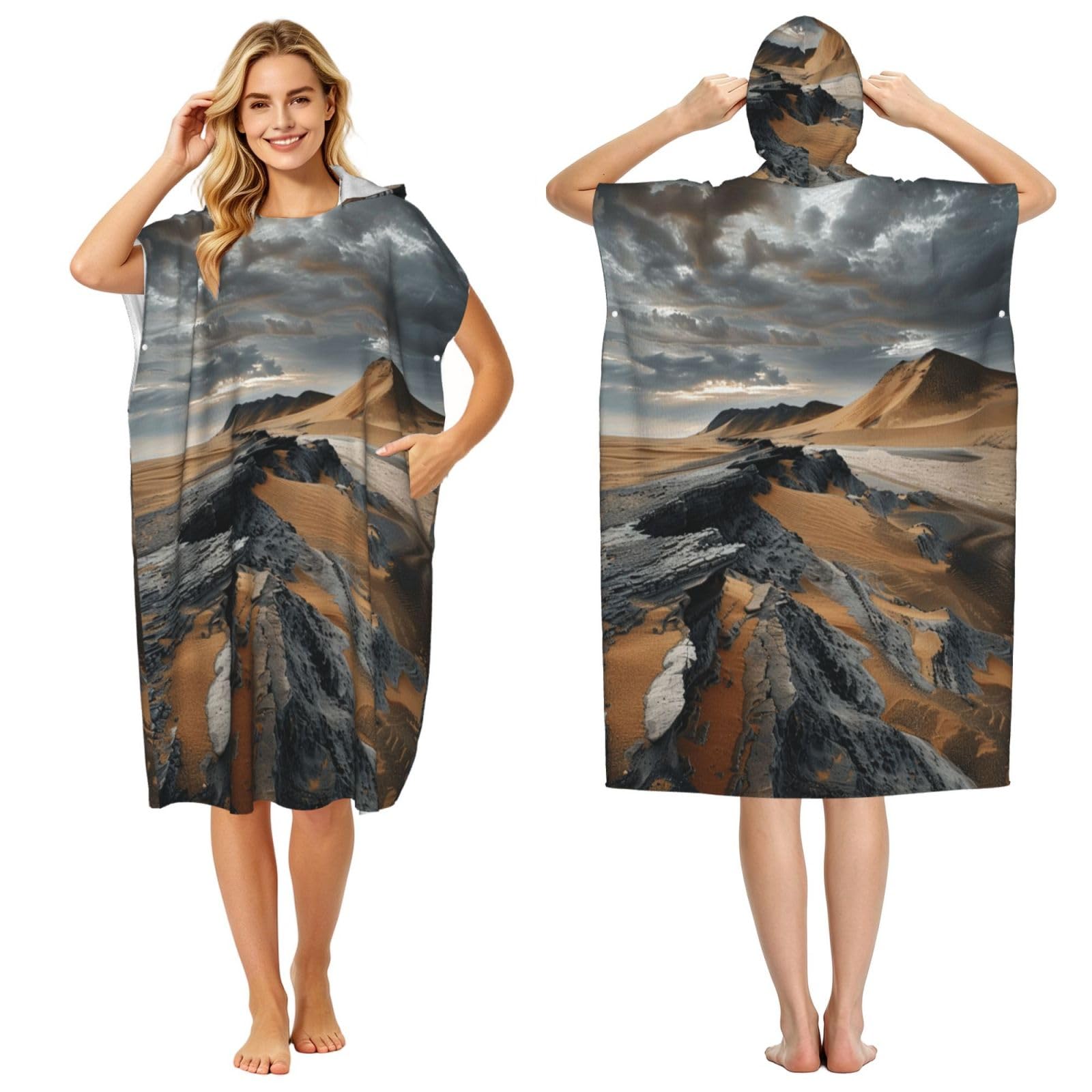 DTHKJNLSF Beach Gobi Desert Adult Hooded Beach Poncho Towel