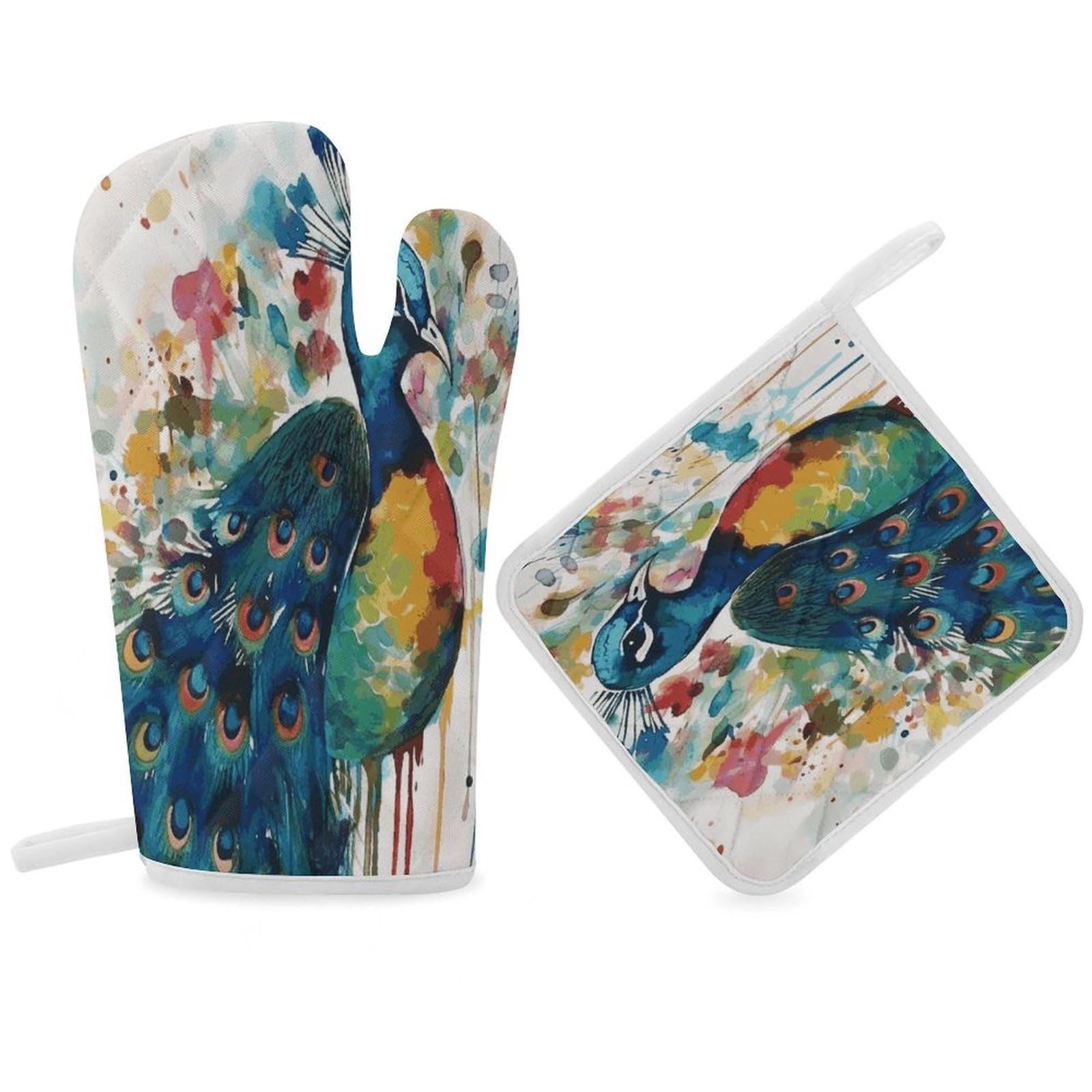 Watercolor Peacock Oven Mitt Thick Substantial Heat Insulation Gloves Soft Skin-Friendly Temperature Resistant Oven Mitts for Cooking Lover Cooks