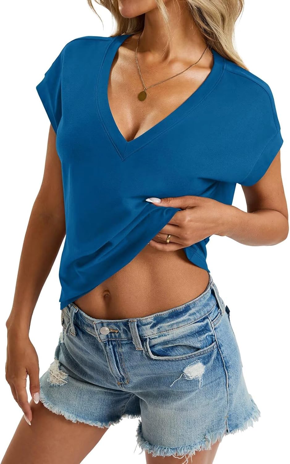 Womens Cap Sleeve Crop Tops Cotton V Neck T Shirt Boxy Loose Fit Short Sleeves Tee Summer Fashion Clothes 2026 - Image 3