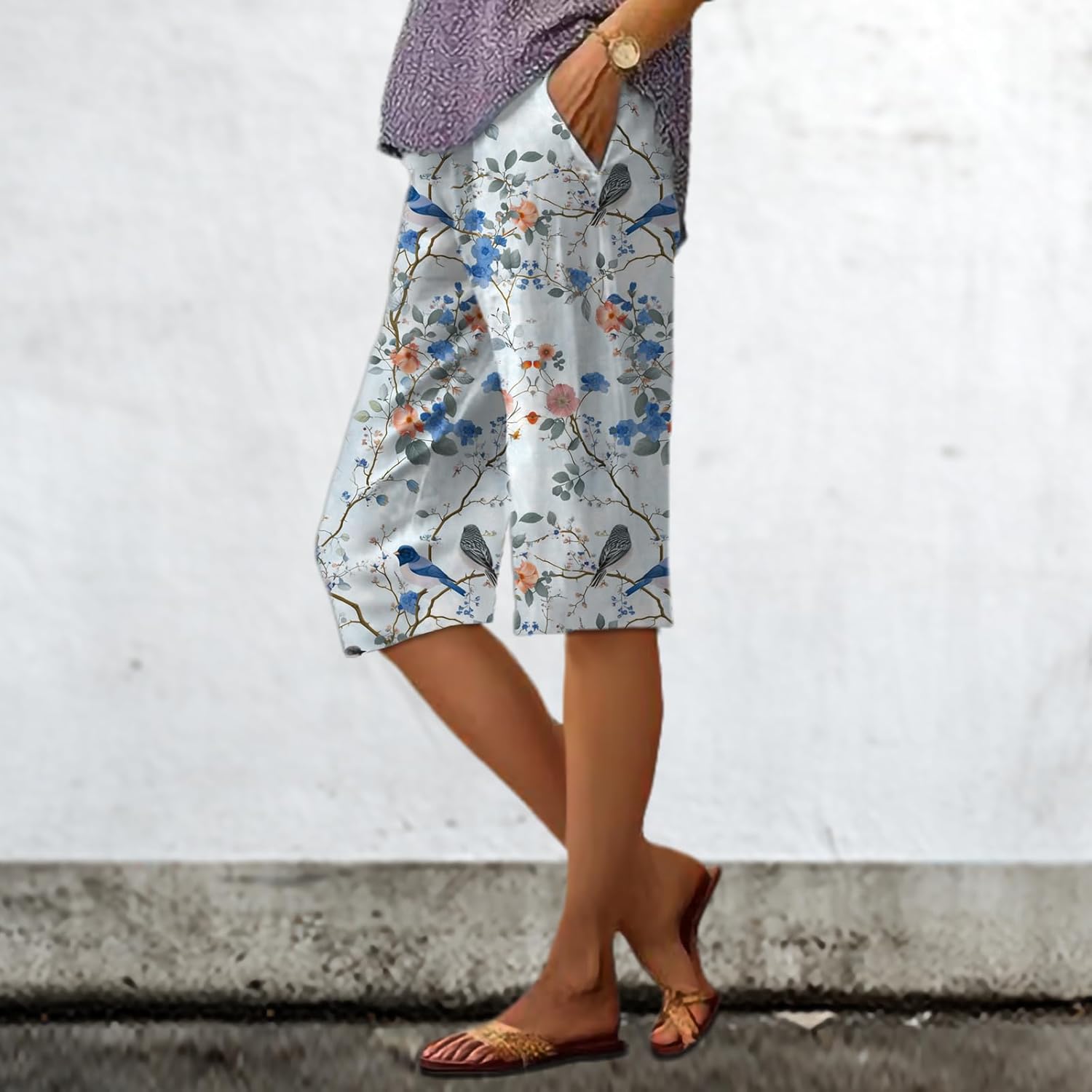 Summer Shorts for Women 2025 Vintage Floral Business Casual High Waisted Elastic Waist Wide Leg Pants - Image 2