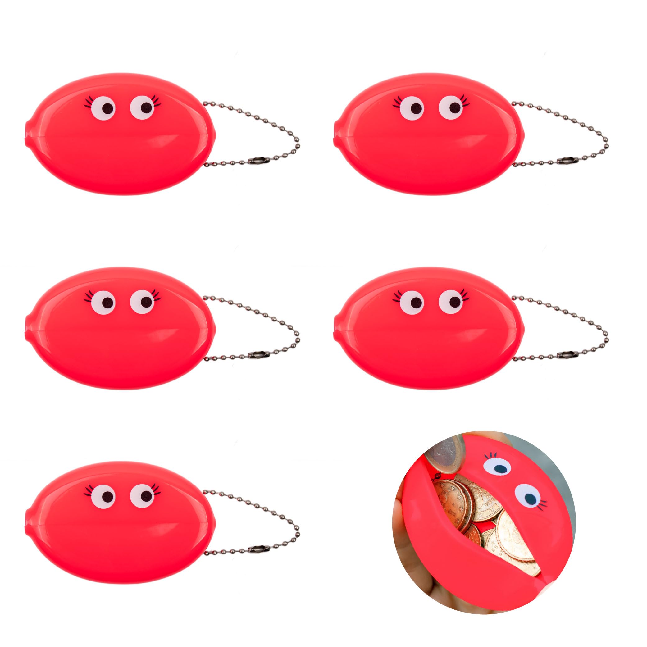 Fisura Oval Rubber Coin Purse Eyes Pink Retro Coin Purse with Chain Small Wallet for Pocket Unisex Wallet Gift Pack of 5