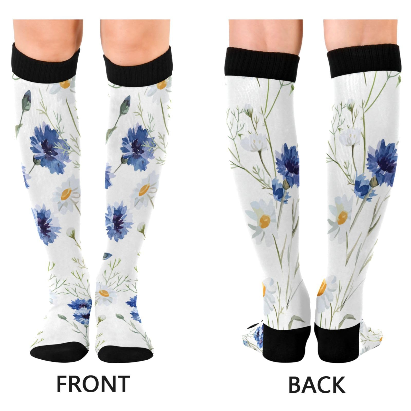 2 Pairs Unisex Compression Crew Knee Soft Circulation Socks High Sock Long Athletic for Running,Travel,Cycling Print Watercolor Cornflower Daisy White Blue Design