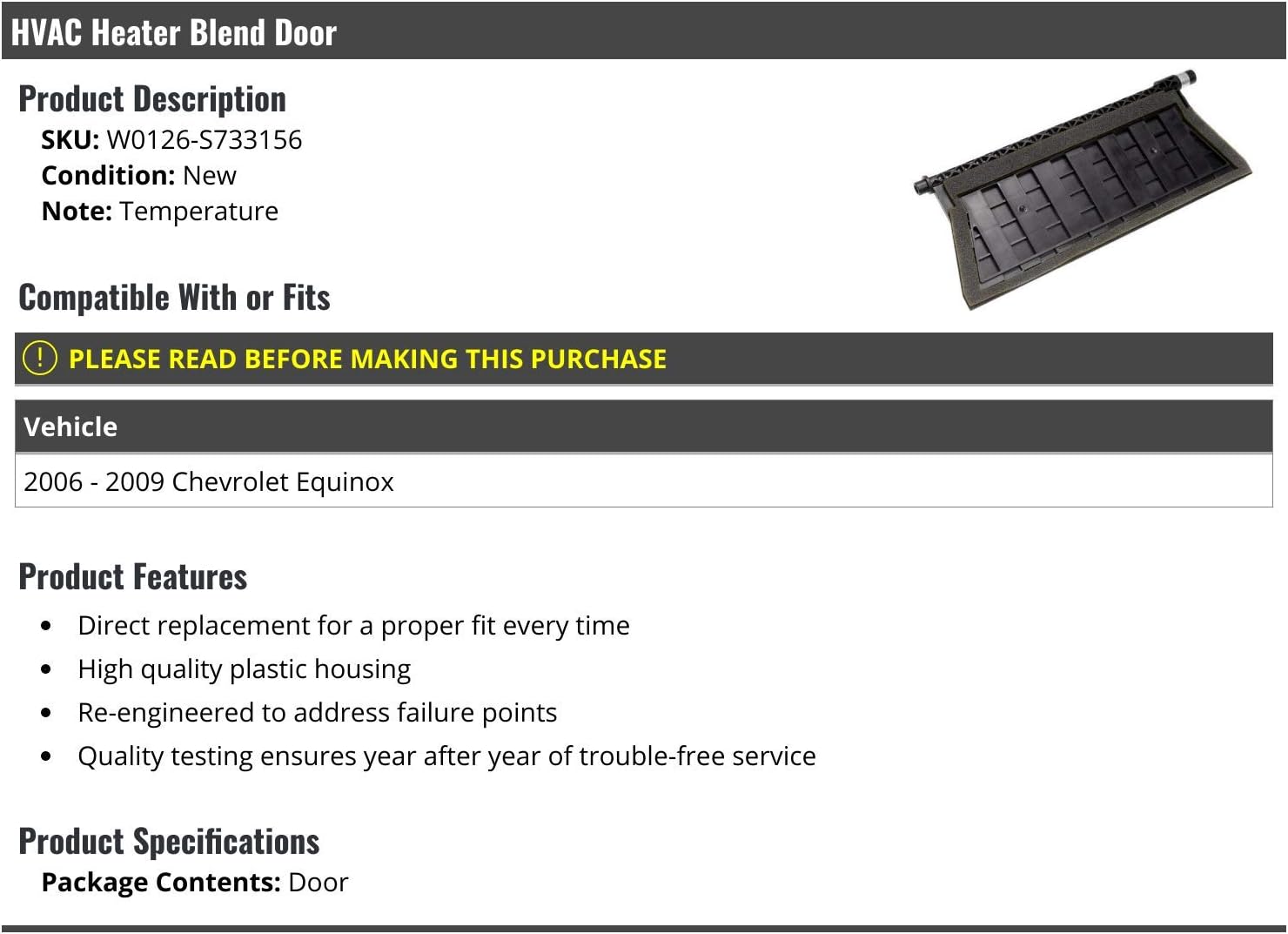 Marketplace Auto Parts - HVAC Heater Blend Door - Temperature - Compatible with 2006-2009 Chevy Equinox