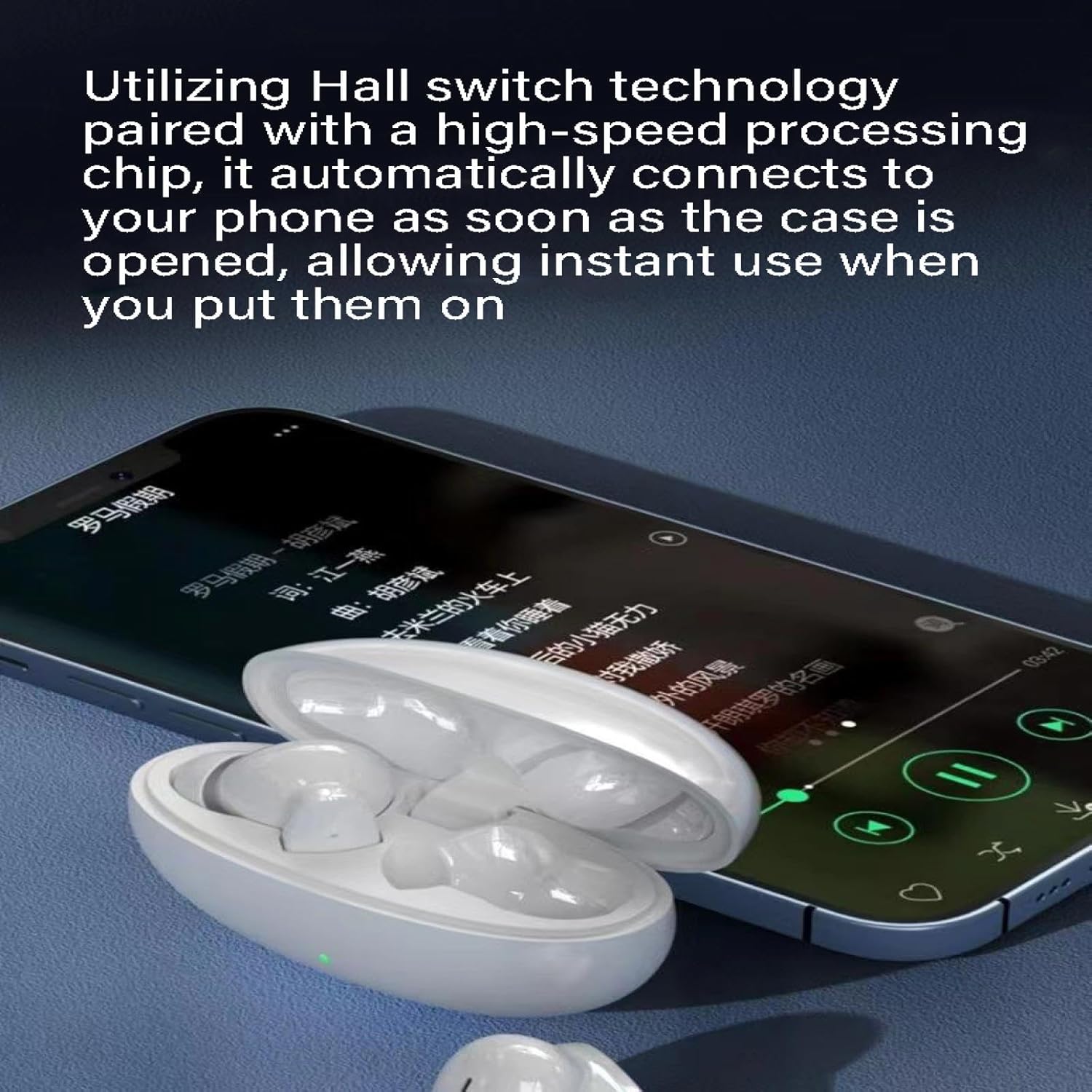 S90 earbuds in an open charging case next to a smartphone, demonstrating the Hall switch auto-connect feature.