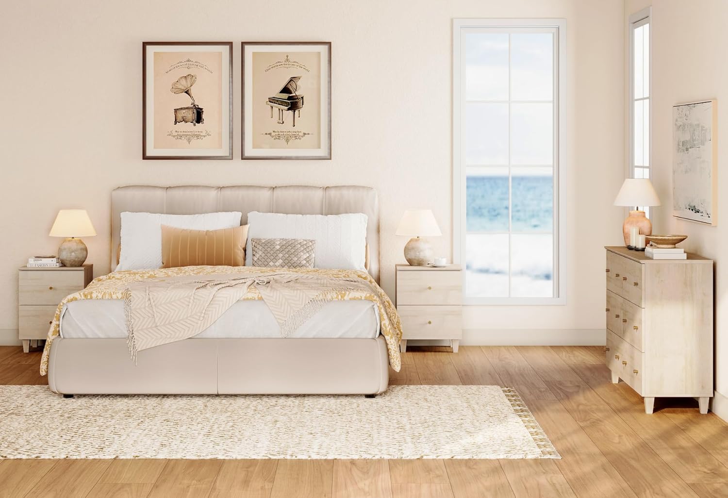 WAMPAT Dresser and Nightstands 3 Pieces, 47.2 Inches Wood Dresser with 6 Drawers, Set of 2 Night Stands with Drawers and Charging Stations, Bedroom Chest of Drawers and Bedside Tables Set, Light Oak