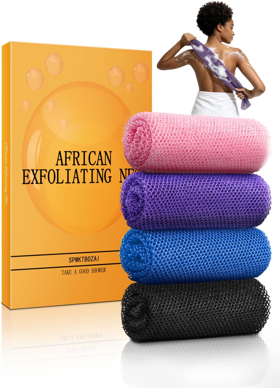 SPMKTBOZAI African Exfoliating Net, 4 Pieces African Net Sponge, Nylon African Bath Sponge Net, African Net Long Net Bath Sponge Shower Body Scrubber