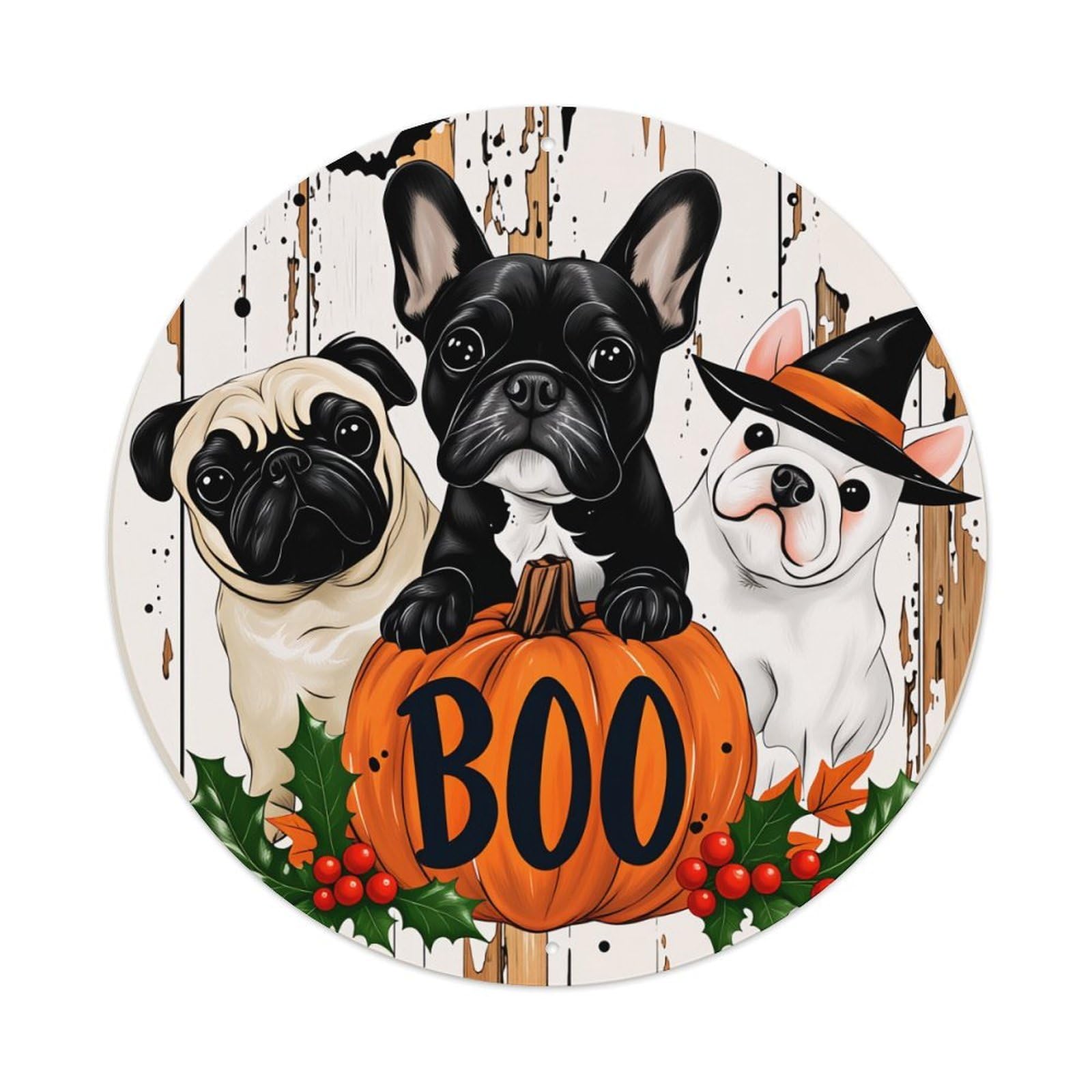 Puppies Pumpkin Halloween Boo Leaves Round Tin Sign Vintage Metal Poster Retro Bar, Home, Man Cave, Kitchen, Laundry Room Wall Art Decor Gift 8x8In
