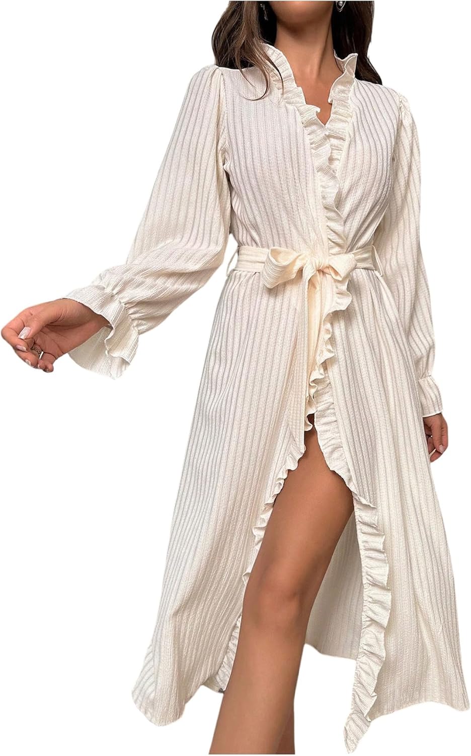 OYOANGLE Women's Ruffle Trim Textured Bathrobe Sheer Mesh Midi Shower Robe Long Sleeve Belted Dressing Gown