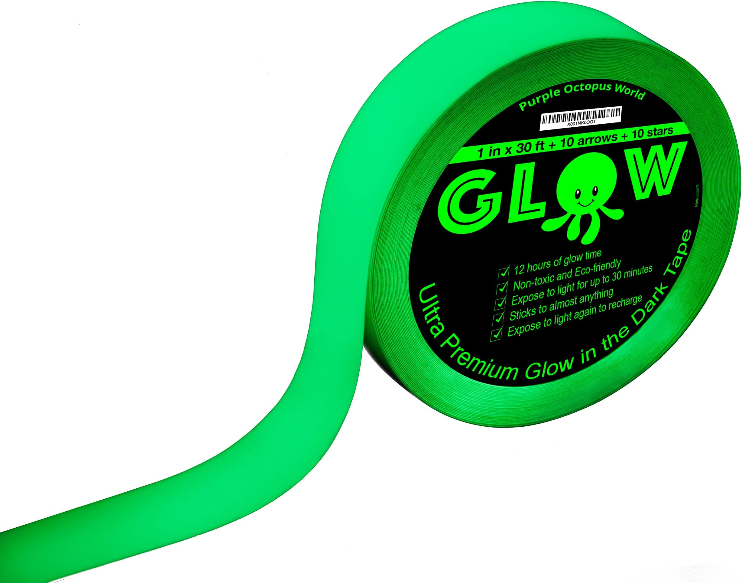 Best Glow in The Dark Tape 1 in x30 ft+10 Arrows+10 Stars -Bright, Long-Lasting Fluorescent Tape for Halloween,Outdoor, Night Decorations, Safety, Stairs, Theater