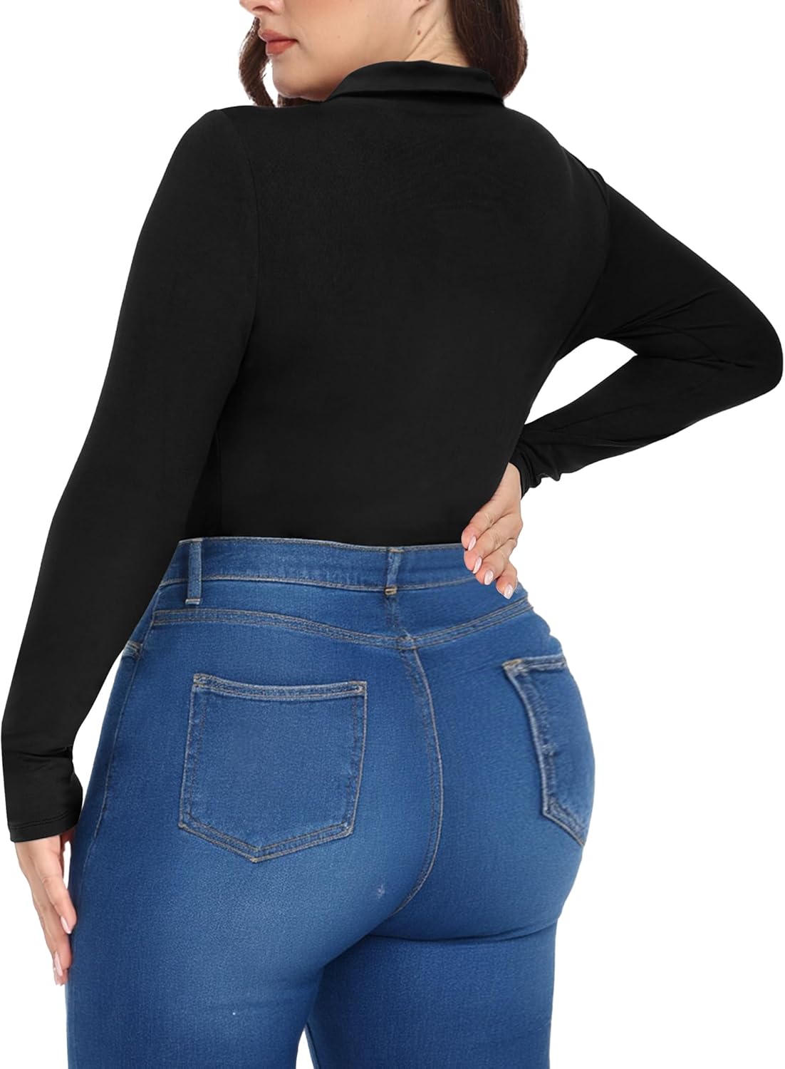 FOREYOND Plus Size Bodysuits for Women Long Sleeve Scoop Neck Body Suit Tops Casual Slim Fit Basic Leotards Shirts - Image 2