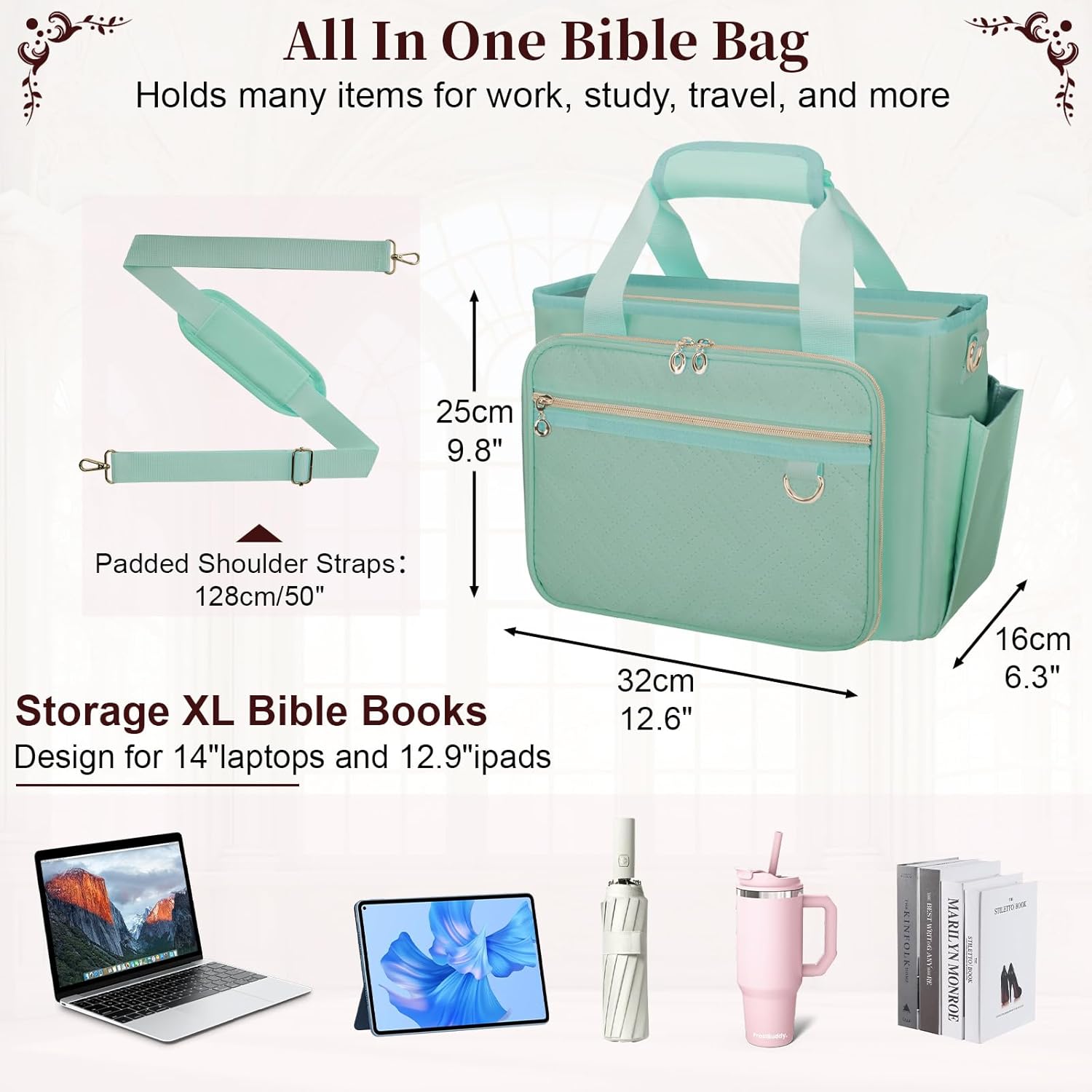 Large Bible Cover Case for Women, Bible Cover with Book Sleeve, Thick Padded Bible Case, Working Bible Tote Bag with Laptop and Bottle Pockets, Church Bag, Bible Bags for Women, Girl, Green - Image 4