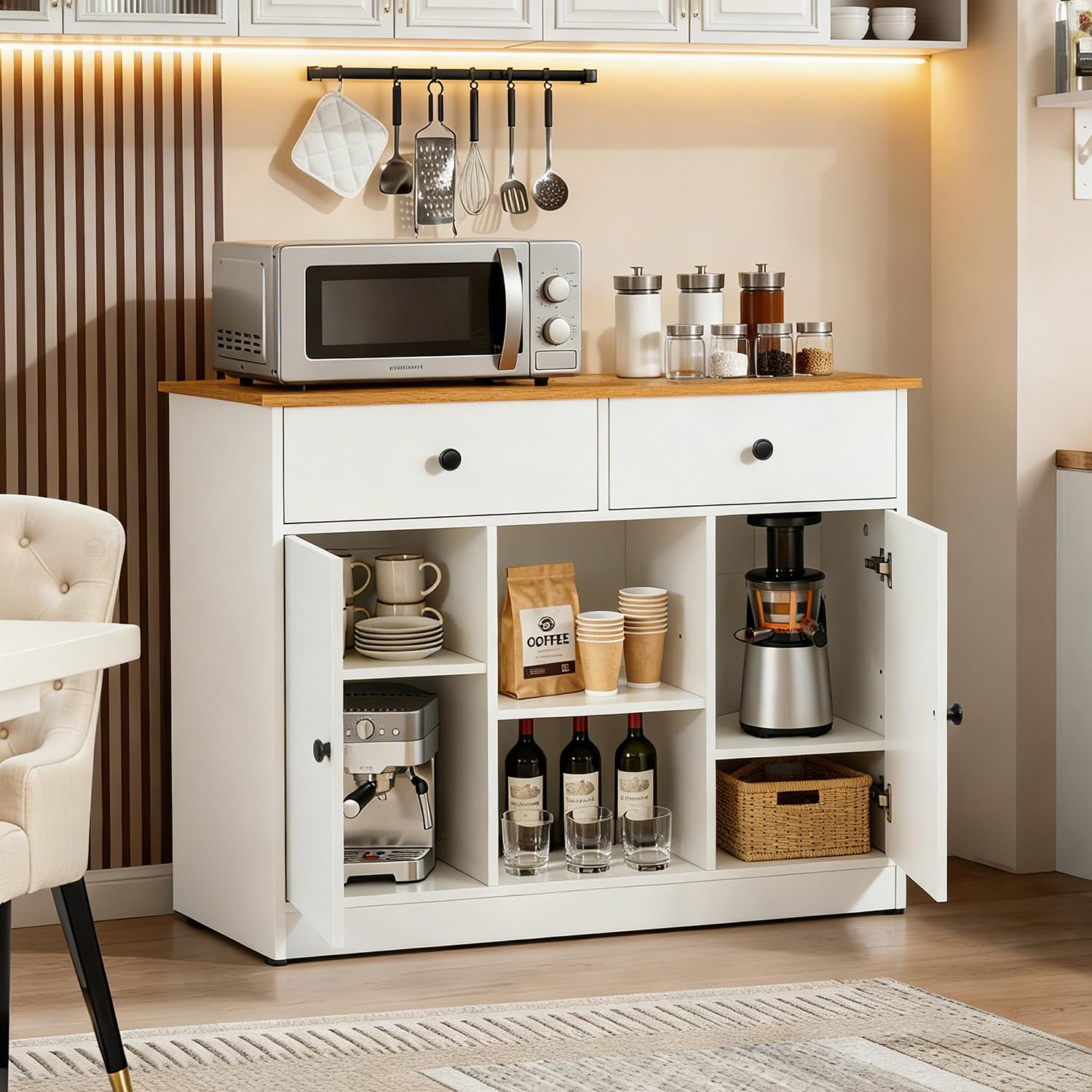 ABOUT SPACE 3ft Kitchen Storage Cabinet with 2 Drawers, Open Center Shelf, 2 Closed Cabinet with Adjustable Shelves Modern Kitchen Rack Cupboard for Dining Room, Living Room, Entryway – CM Oak & White-image-45