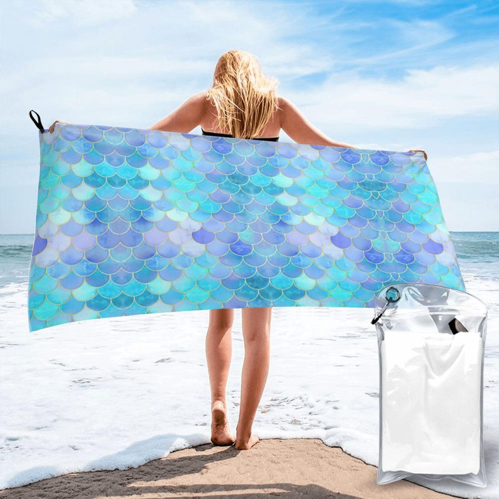 SDEGTHO Gold Mermaid Scale Print Beach Towel Quick Dry Portable For Swimming Yoga Adults Fitness