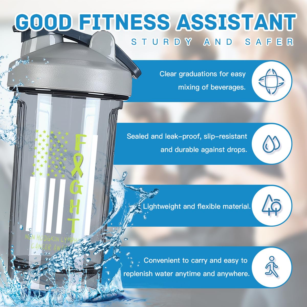 Breast Cancer Warrior Support Squad Non Hodgkin lymphoma Cancer Awareness 18 Ounce Shaker Cup,Fashion Theme Pattern Shaker Bottle Leak-proof Workout Shake Bottles 500ML/18 oz Perfect for Pre Workout