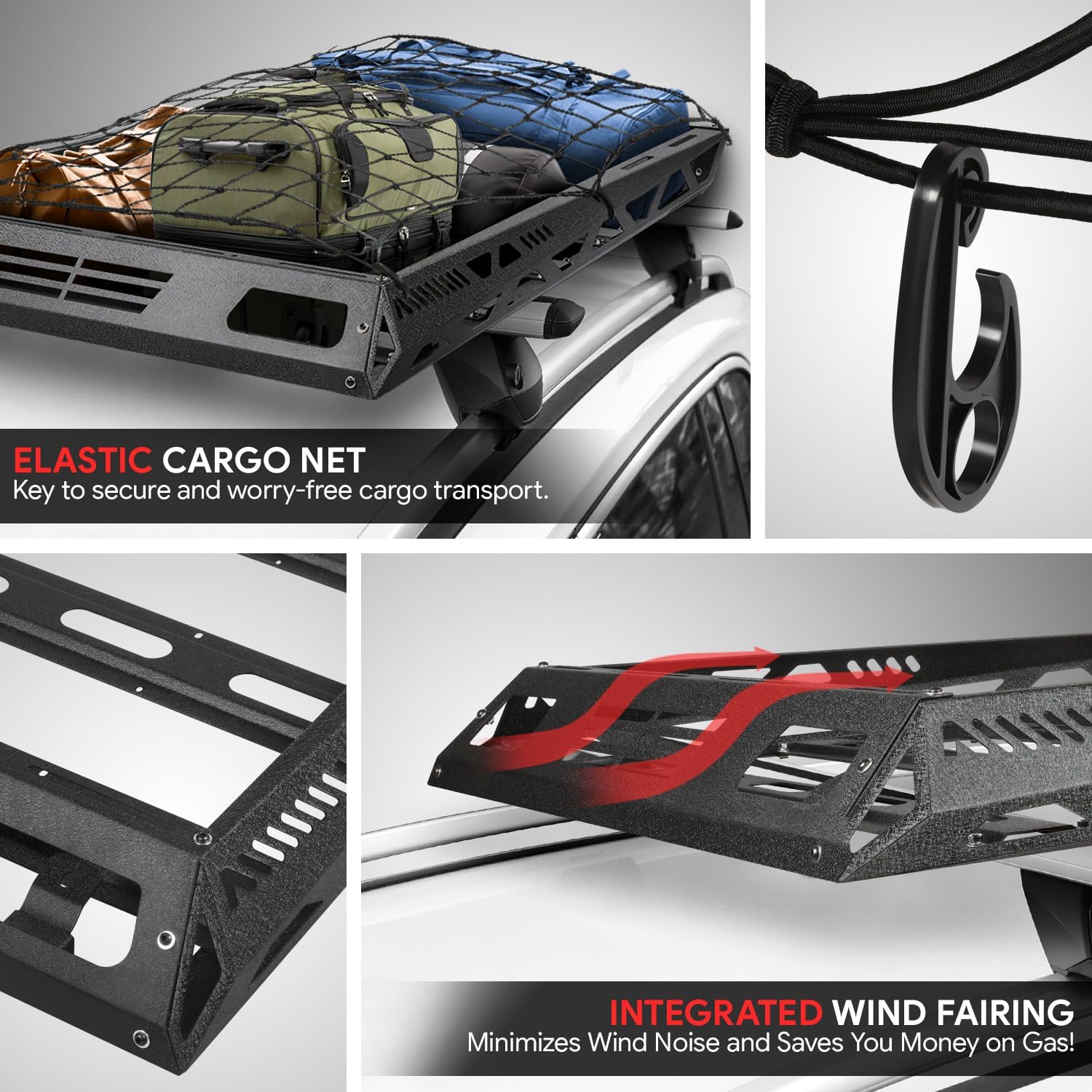 DNA MOTORING Universal Car Rooftop Cargo Carrier Basket with Cargo Net, 47'' W X 36'' L X 5" H, 150 lbs Max Load, RCK-S-BK