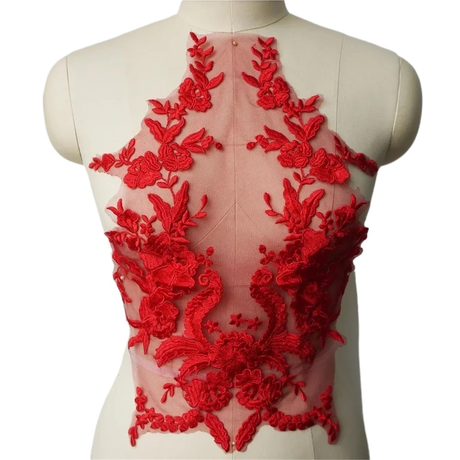 Hbaldtedc Red 3D Embroidery Lace Applique Patches， Embroide Lace Applique Sewing Flower Fabric Collar Patch(Red)