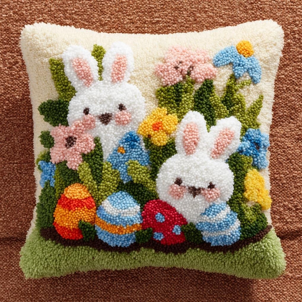 WallustrioaW DIY Rug Cushion kit 43x43cm,Rabbits and Easter Eggs