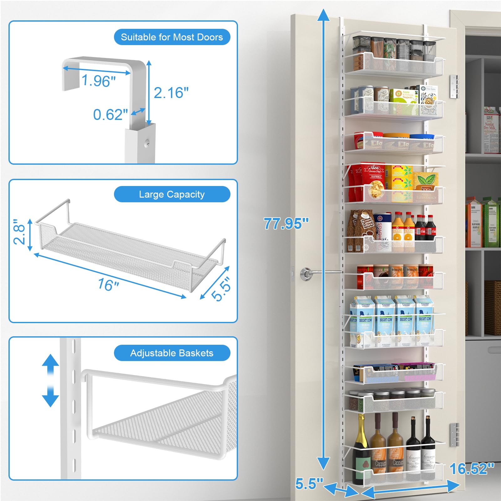 VyGrow Over Door Storage, 10-Tier Over The Door Storage With Adjustable Basket for Pantry Kitchen Storage Room Spice Rack, White - Image 2