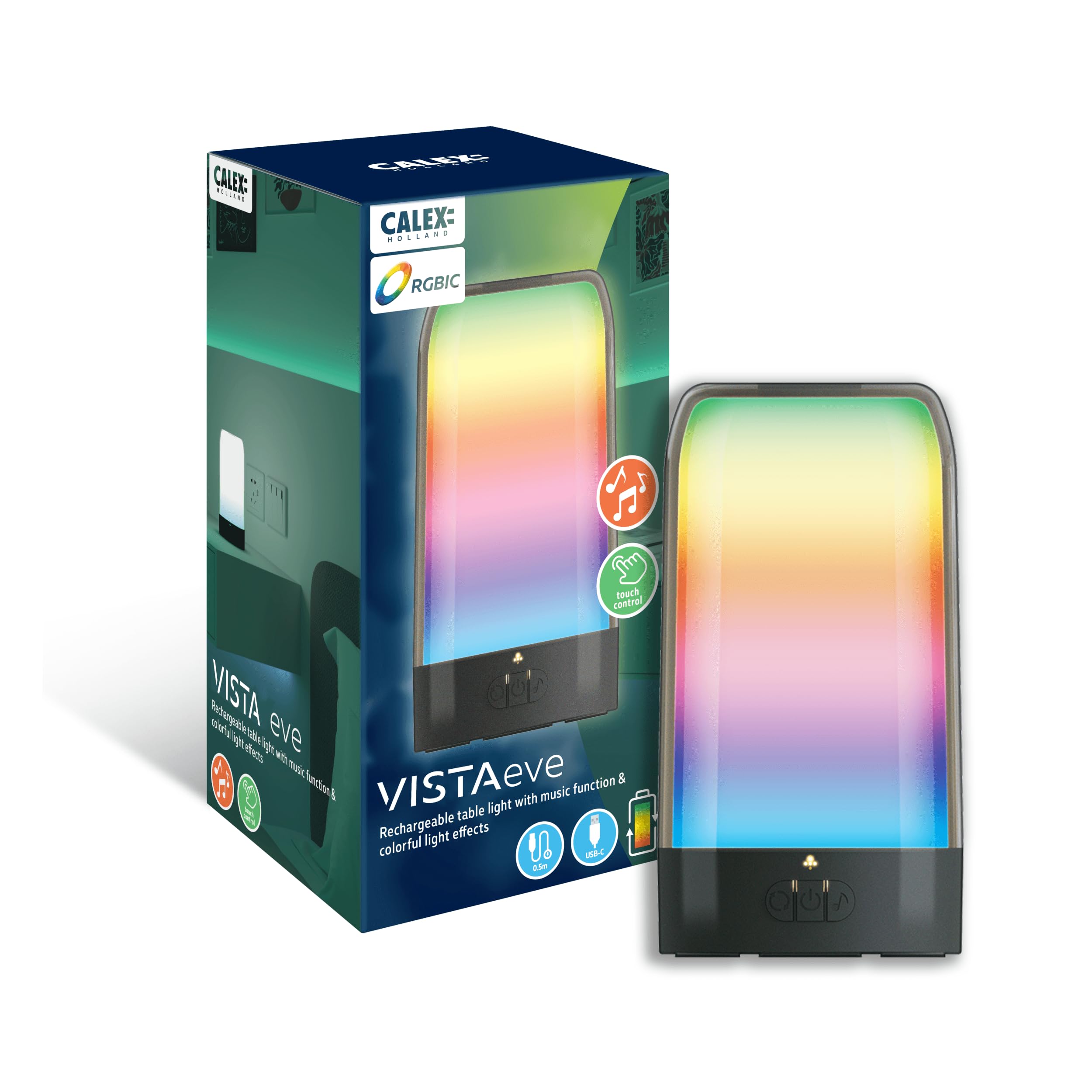 Calex White - Vista Rechargeable Table Lamp, Cordless Light, Battery Operated, Touch Control, Colour Lighting