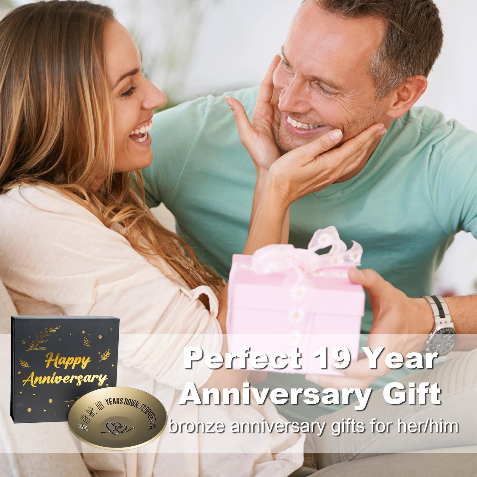 ROINS 19 Year Anniversary Bronze Gifts For Her Him, 19th Wedding Anniversary For Wife Husband, 4" Metal Ring Holder Dish Jewelry Tray - Unique Decoration Ideas Bronze Gift For Parents Men Women