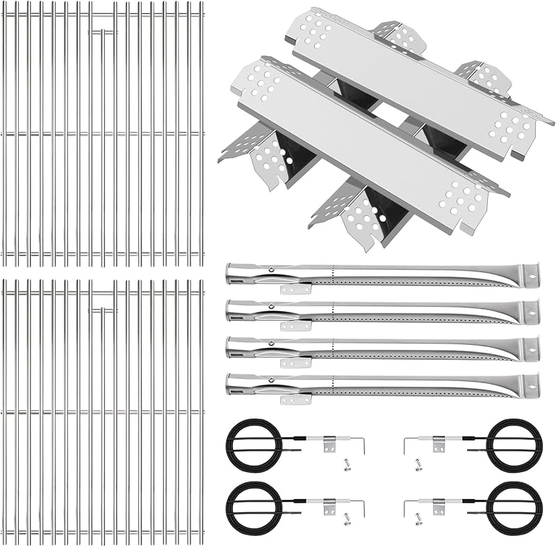Stainless Cooking Grate,Heat Shield and Burner Kit for Nexgrill Replacement Parts 4-Burner 720-0830H 720-0830H,720-0888N,720-0888,720-0864,720-0896B,for Uniflame,Kenmore,Nexgrill 4&5-Burner Gas Grills
