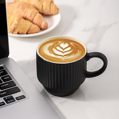 Vista 14 de Hasense Juego de 4 tazas de café de cerámica con soporte, 15 onzas, apilables, grandes, de porcelana, acanaladas, para capuchino, té, cacao