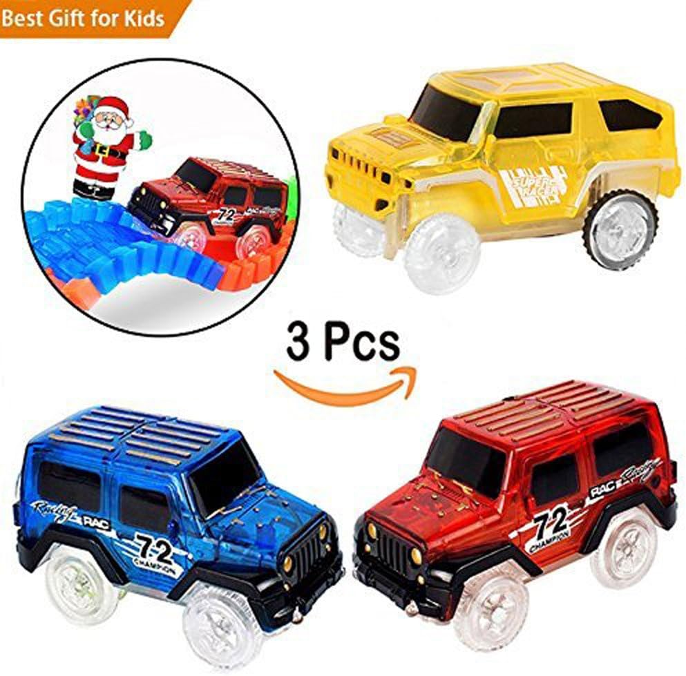 3pcs Magic Track Cars Replacement Race Track Cars for Magic Tracks Light up Glow in the Darkness Fast Track Racing Cars with 3 LED Lights for Boys and Girls Red Blue and Yellow