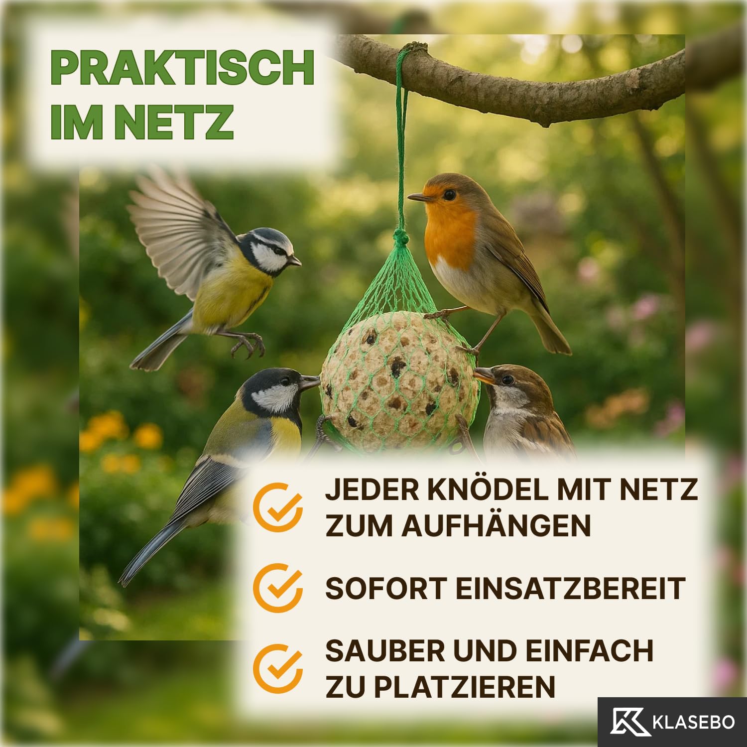 Premium Meisenknödel mit Insekten, 100 Stück (9kg) – Ganzjähriges Wildvogelfutter im Netz, Natürliche Zutaten, Ganzjährige Fütterung, Körnerfresser Delikatesse