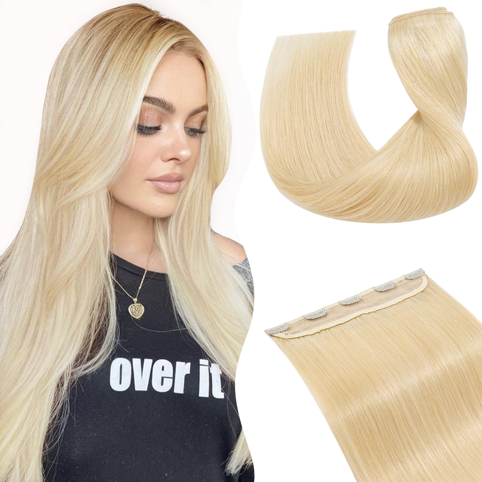 TESS Clip in Hair Extension Real Human Hair Full Head 8 P Pieces Balayage Long Straight Real HairPieces for Women/Girls(#613 Bleached blonde,24Inch)