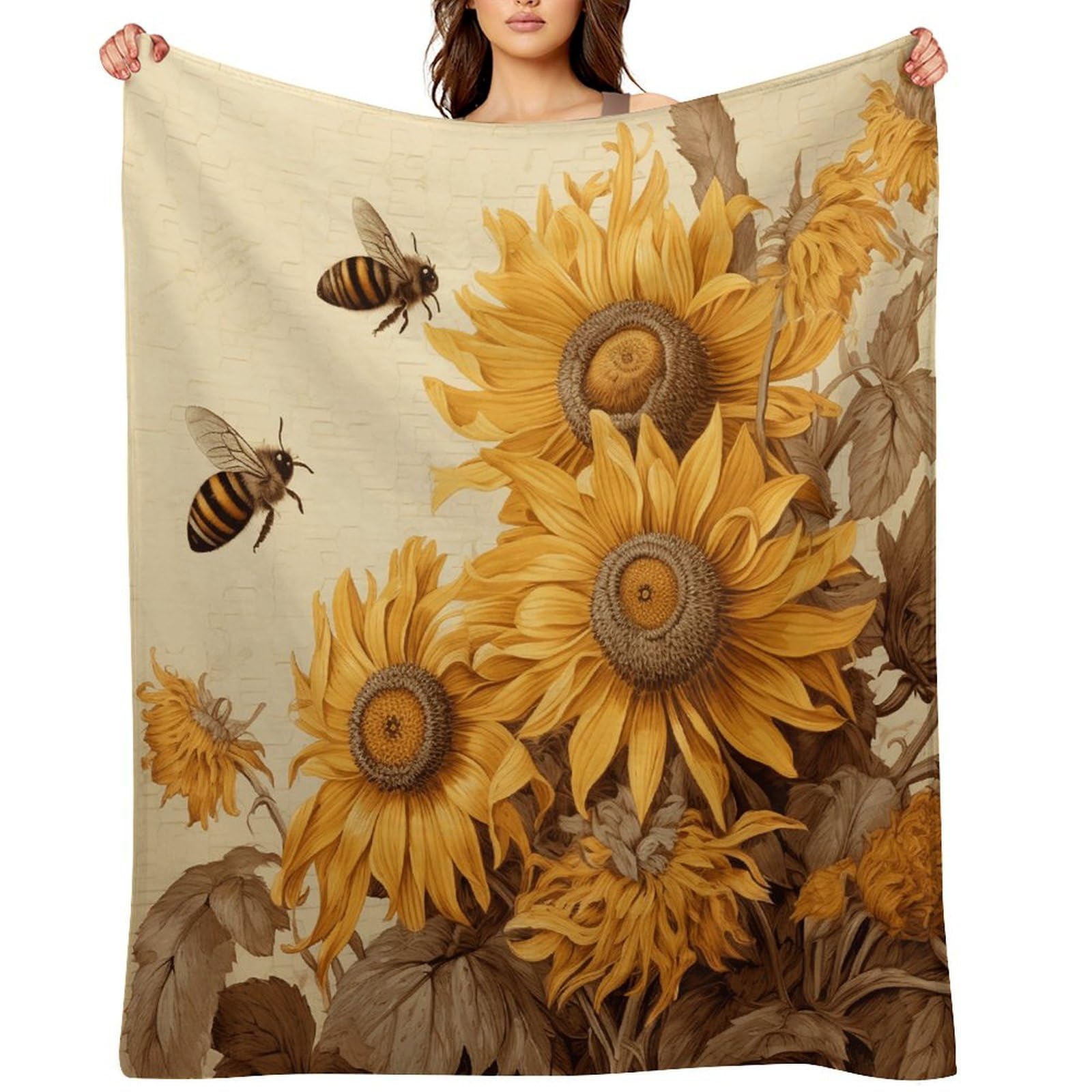 Bees and Sunflowers on Old Paper Throw Blanket for Couch and Bed Super Soft Warm Lightweight Throw Blankets Cozy Fuzzy Flannel Blanket Personalized Decorative Blankets for Sofa Decor 40"x50"