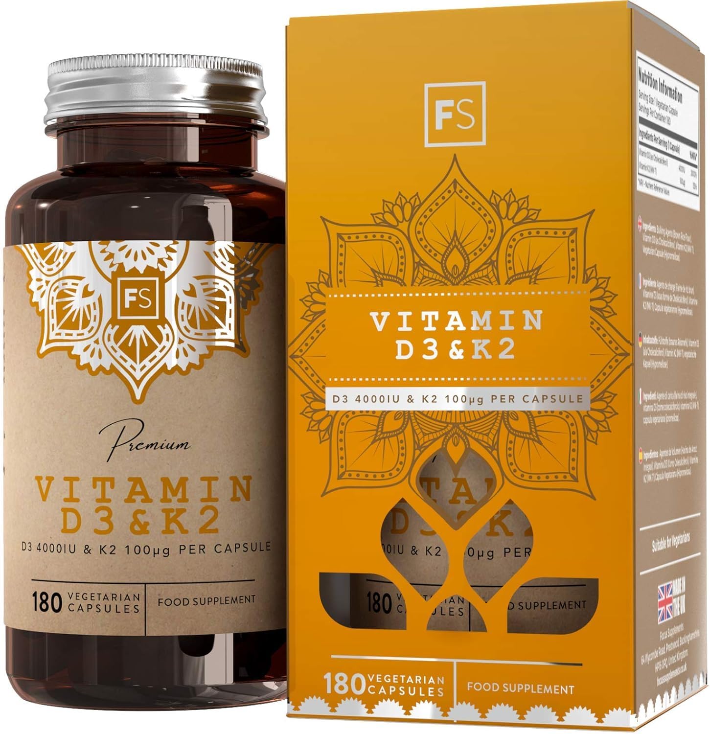 FS Vitamin D3 K2 | 180 D3 and K2 Vitamin Capsules - High Strength Vitamins D3-4000 iu & K2-100μg per Serving | Vitamins D&K2 Supplements | Non-GMO & Allergen Free | Made in The UK