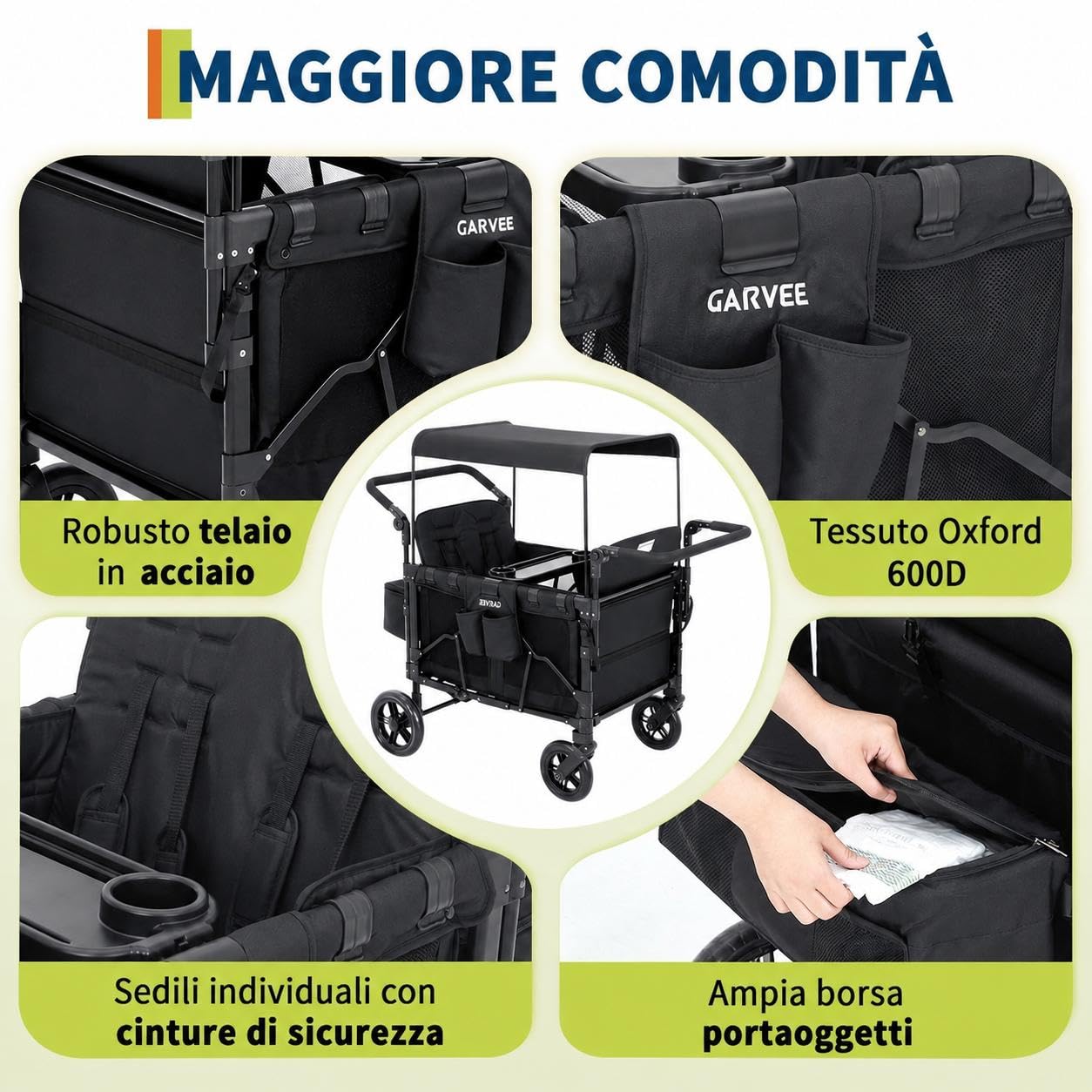 Passeggino a 4 Posti Per Bambini Pieghevole Tutto Terreno, Cappottina Regolabile, Maniglia Push & Pull, Vassoio Merenda, Imbracatura 5 Punti Di Sicurezza, Ruote Girevoli e Fisse, Spazio Ampio