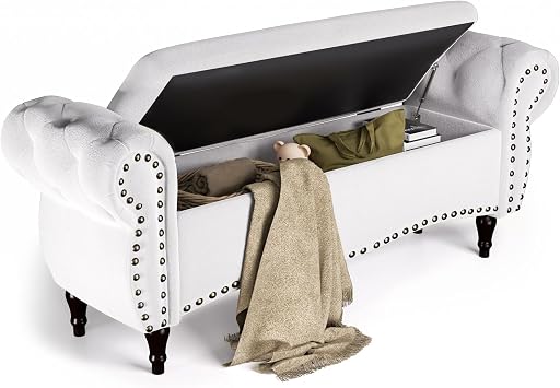 ZZW Storage Ottoman Bench, 51" Upholstered Bench & Ottoman with Safety Hinge, Tufted Bed Bench with Rolled Arm and Nailhead Trim, End of Bed Storage Bench for Bedroom, Living Room, Entryway White